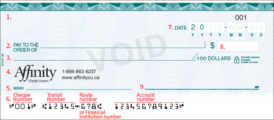 Affinity Credit Union Cheque with labels