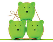 three green pigs tied together