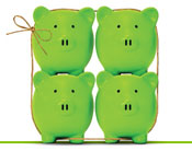 four green pigs tied together