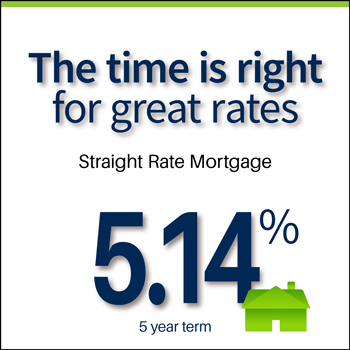 The time is right for great rates! Straight rate mortgage at 5.14% for a 5 year term.