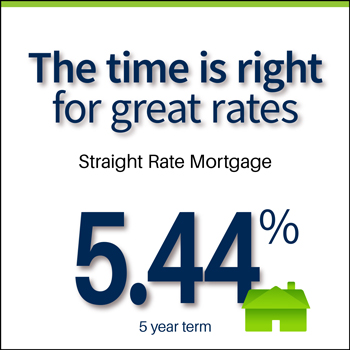The time is right for great rates! Straight rate mortgage at 5.44% for a 5 year term