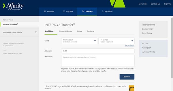online banking screen with e-transfer